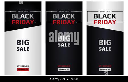 Black friday, collezione banner. Set di striscioni verticali Black friday dark e Silver. Grandi sconti, offerta speciale, fino al 70% di sconto. Illustrazione Vettoriale