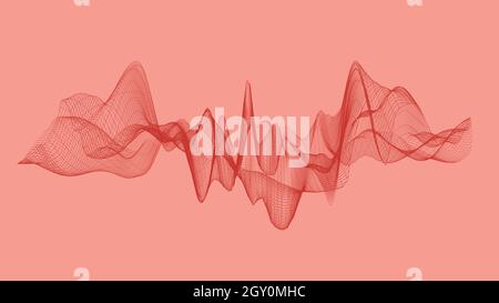 Struttura a wireframe 3D traslucida rossa, visualizzazione astratta delle onde audio o della struttura fragile, formato 16:9 4K UHD Foto Stock