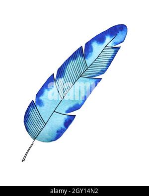 Foglia di palma acquerello stilizzato doodling disegno a mano, decorativo, per arredamento, colore turchese blu, isolato, su sfondo bianco, per il tuo design. Illustrazione vettoriale Illustrazione Vettoriale