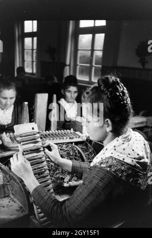 Eine Zigarrenrollerin in Marburger Tracht bei der Arbeit in einer Zigarrenfabrik bei Marburg, Deutschland 1930er Jahre. Una femmina di sigaro a rulli che indossa un abito di Marburg / costume di lavorare in un tessuto di sigaro vicino a Marburg, Germania 1930s. Foto Stock