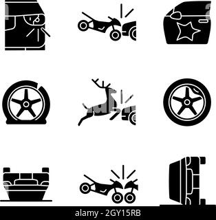 L'auto comune crash icone glyph nero impostato su spazio bianco Illustrazione Vettoriale