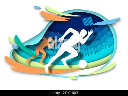 Calcio giocatore silhouette kicking palla, carta vettoriale taglio illustrazione. Logo del campionato di calcio. Illustrazione Vettoriale