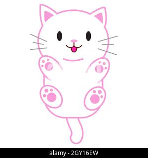 Divertente gatto cartoon, carino illustrazione vettoriale in stile piatto. Gatto bianco e rosa. Gattino grasso sorridente. Stampa positiva per adesivi, carte, vestiti, tessuti Illustrazione Vettoriale