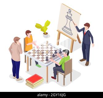 Insegnante, istruttore che insegna alle persone a giocare gioco di strategia da tavolo, illustrazione isometrica vettoriale. Accademia di scacchi, formazione. Illustrazione Vettoriale