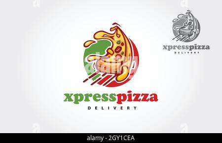 Xpress Pizza consegna Cartoon Vector Logo. Questo logo è particolarmente adatto per qualsiasi ristorante legato alla pizza, fast food, consegna, trattoria, bistrot, ecc.. Illustrazione Vettoriale