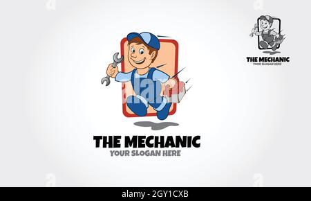 Il cartoon Mechanic Vector Logo. Illustrazione del logo vettoriale di un personaggio cartoon meccanico automatico. Illustrazione Vettoriale