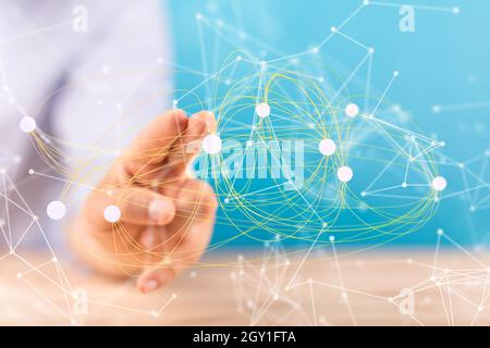 Primo piano girato su un dito che interagisce con un network People silhouette network team Foto Stock
