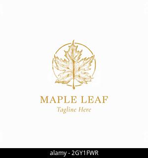 Cartiglio astratto, simbolo o modello di logo. Illustrazione dello schizzo della foglia autunnale disegnata a mano in una cornice circolare con tipografia retrospettiva. Isolato Illustrazione Vettoriale