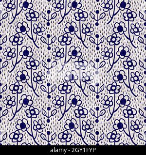Indigo blu fiore blocco stampa tinta tessuto di lino sfondo. Campione giapponese di ripetizione batik tessuto senza cuciture. Sfocatura floreale organica afflosciata Foto Stock