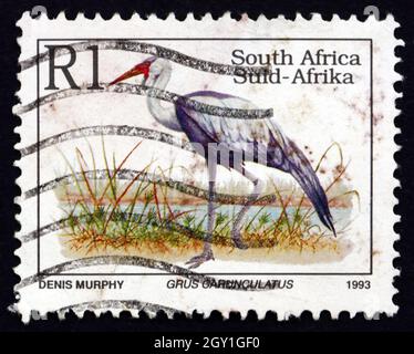 SUDAFRICA - CIRCA 1993: Un timbro stampato in Sudafrica mostra Wattled Crane, Grus Carunculatus, Bird, circa 1993 Foto Stock
