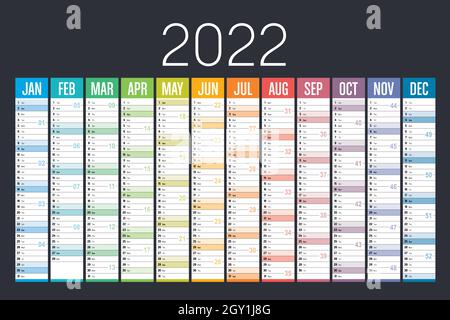 Anno 2022 calendario colorato su sfondo scuro. Modello vettoriale. Illustrazione Vettoriale