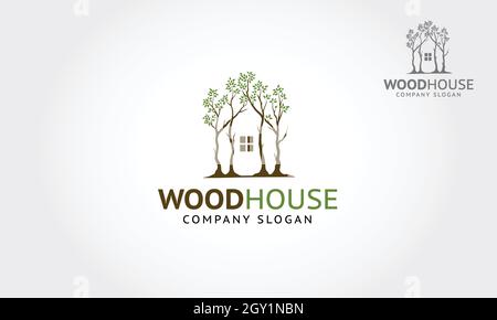 Modello di logo Wood House Vector. Il simbolo principale del logo è un albero, ma qui incorporare con la casa questo logo simboleggia una protezione, ecc. Illustrazione Vettoriale