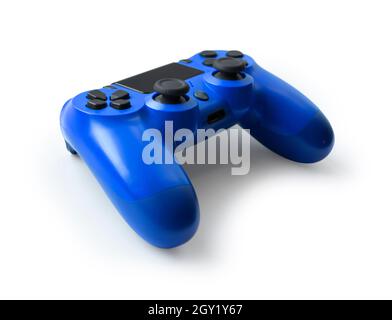 Controller di videogiochi blu isolato su sfondo bianco Foto Stock