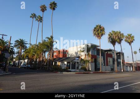 Mattina presto su un tranquillo Abbot Kinney Boulevard, Venezia, Los Angeles, California, USA Foto Stock