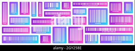 Set di codici a barre dei prodotti colorati e moderni. Codice di tracciamento dell'identificazione. Numero di serie, ID prodotto con informazioni digitali. Scansione di negozi o supermercati Illustrazione Vettoriale
