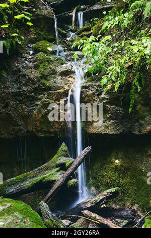 Bella piccola cascata naturale su rocce in tronchi e massi con muschio verde Foto Stock