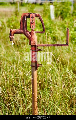 Rubinetto d'acqua arrugginito in erba alta selvatica Foto Stock