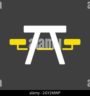 Tavolo da campeggio in legno parco panca vettore glifo icona su sfondo scuro. Simbolo grafico per sito web di viaggi e turismo e design di app, logo, app, UI Illustrazione Vettoriale