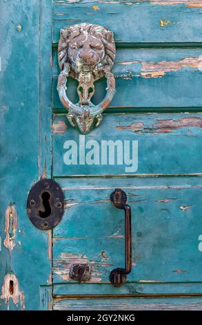 antica maschera leone ottone bussare porta su una vecchia vintage verde dipinta shabby elegante porta con un escuccheon e maniglia. porta bussare su vecchia porta dipinta. Foto Stock