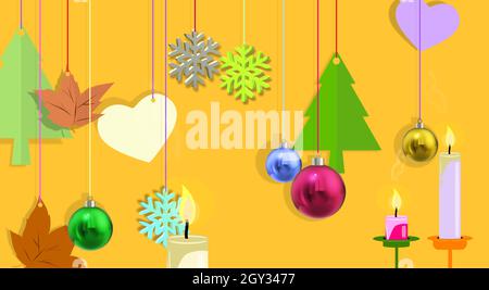 Fiocchi di neve. Palline di Natale. Cuori. ILLUSTRAZIONE creativa in 3D. ORNAMENTO della scena DELLA NATIVITÀ. Foglie secche, candele accese e pini verdi. Foto Stock