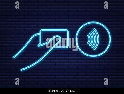Logo wireless a pagamento senza contatto. Tecnologia NFC. Comunicazione sul campo vicina. Segnale al neon NFC. Illustrazione dello stock vettoriale. Illustrazione Vettoriale
