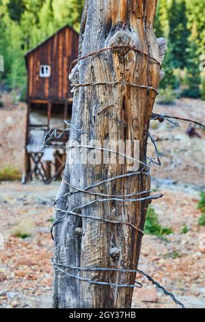 Tronco di legno avvolto in filo metallico con vecchia struttura mineraria in legno sullo sfondo Foto Stock