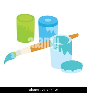 tre pitture e pennelli in illustrazioni vettoriali verdi, blu chiaro e blu Illustrazione Vettoriale