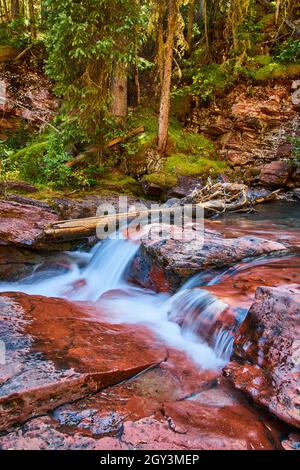 Primo piano di piccole cascate su rocce rosse con scogliere di muschio Foto Stock