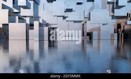 Astratto sfondo vuoto di cubi di metallo d'argento Foto Stock