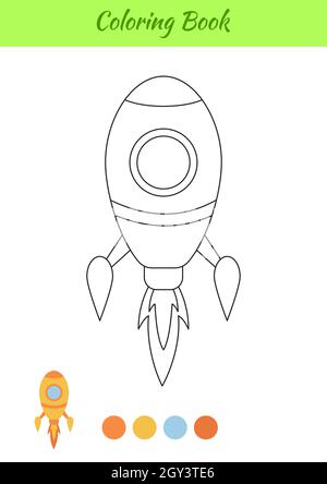 Rocket libro da colorare per bambini. Foglio di lavoro stampabile. Pagina delle attività didattiche per bambini e bambini in età prescolare con trasporto. Cartoon colorato v Illustrazione Vettoriale