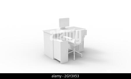 Rendering 3D di un posto di lavoro della scrivania isolato su sfondo bianco vuoto Foto Stock