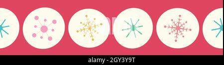 Stella di Natale e bordo del fiocco di neve. Vector Seamless ripetizione stagionale banner di stelle disegnate a mano e fiocchi di neve in rosso, elemento vacanza. Illustrazione Vettoriale