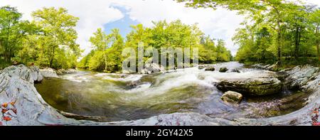 Foto panoramica di un lungofiume roccioso con acqua che precipita e alberi verdi sullo sfondo Foto Stock