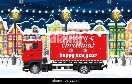 Camion di consegna di Natale in città. Illustrazione Vettoriale