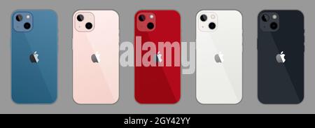 Vinnytsia, Ucraina - 6 ottobre 2021. Set di mockup iphone 13 mini tutti i colori (blu, rosa, rosso, mezzanotte, Starlight). Smartphone mockup Illustrazione Vettoriale