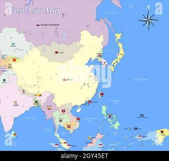 Mappa dell'Asia orientale con paesi, mari e bandiere, illustrazione vettoriale Illustrazione Vettoriale