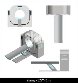 Set di 3D tomografi per computer in diverse proiezioni isolate su sfondo bianco. Imaging a risonanza magnetica. Esame e diagnosi Illustrazione Vettoriale