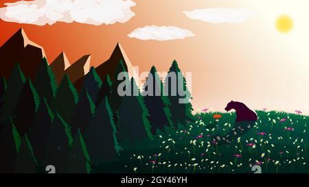 Paesaggio poligonale con un orso su un prato verde con fiori e un fungo rosso. Foreste di conifere e montagne sullo sfondo. Illustrazione Vettoriale