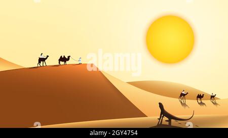 Paesaggio desertico con una carovana di cammelli e persone che camminano lungo le dune di sabbia. La lucertola si siede sotto il sole caldo. Illustrazione vettoriale. Illustrazione Vettoriale