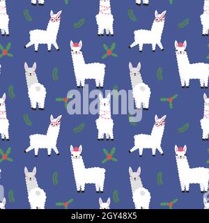 Cute llama con piante di Natale senza cuciture modello isolato illustrazione vettoriale. Animali divertenti sfondo di vacanza. Illustrazione Vettoriale