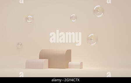 Scena minima con podio e sfondo astratto. Scena di colori beige e crema. Rendering 3D trendy per banner, promozioni e cosmetici sui social media Foto Stock