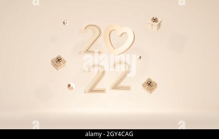 Scena minimale con podio, confezione regalo e sfondo dorato e pastello. Concetto di felice anno nuovo 2022. Numeri 3D 2022 e testo lettera, poster, banner Foto Stock