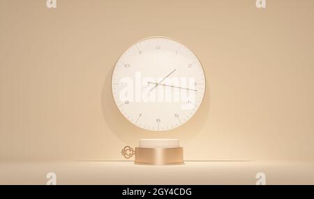 Palcoscenico minimale con orologio e podio che si avvolgono, sfondo astratto. Color crema pastello e beige. Rendering 3d trendy per social media, cosmo Foto Stock