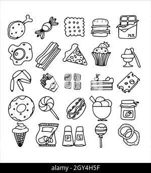 Doodle cibo set di prodotti fast-food. Dolci fatti a mano, dessert, spuntini, popcorn, cucina americana e colazione inglese. Un grande set di cartoni animati Illustrazione Vettoriale