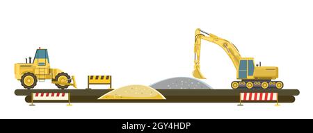 Attrezzature per la costruzione di edifici e strade. Una scena con un escavatore e un bulldozer. Tecnologie moderne. Isolato su sfondo bianco Illustrazione Vettoriale