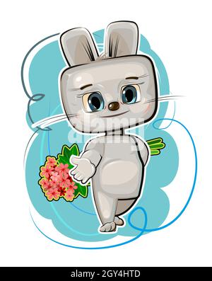 Carino capretto Hare allunga la sua mano suggerire amicizia. Vuole dare un bouquet di fiori. Animale bambino divertente. Illustrazione per i bambini Illustrazione Vettoriale