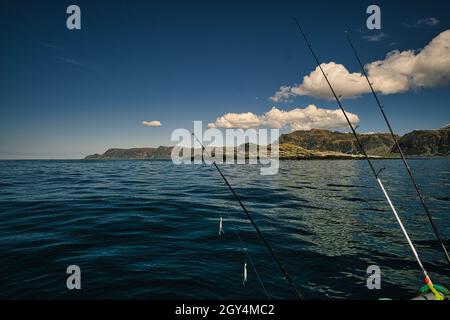 pesca in norvegia, selje. Un paradiso per le vacanze di pesca. Godetevi il paesaggio mozzafiato in barca. Montagne, mare, fiordo e pesce. Foto Stock