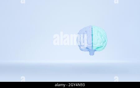 Cervello umano minimo cervello sinistro e destro colore separato cerebrale isolato su sfondo pastello. Cervello umano modello anatomico illustrazione 3d, fumetto pensante Foto Stock