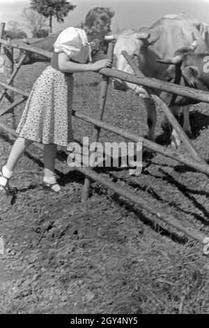 Die österreichische Schauspielerin Gusti Wolf macht Ferien auf dem Lande, Deutschland 1930er Jahre. Attrice austriaca Gusti Wolf in vacanza in campagna, Germania 1930s. Foto Stock