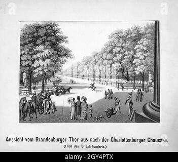Questa incisione, realizzata intorno al 1790, mostra la vista dalla porta di Brandeburgo a Berlino-Mitte verso Charlottenburg. Il Chaussee Charlottenburger (oggi: Straße des 17. Juni) conduce attraverso il Tiergarten. [traduzione automatizzata] Foto Stock
